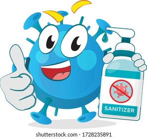 Funny cartoon character showing thumbs up with hand sanitizer that can kill germs
