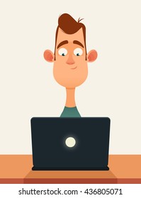 Funny Cartoon Character Sitting at the Table and Working with Laptop. Vector Illustration