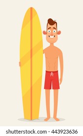 Funny Cartoon Character. Smiling Surfer with Surfboard. Vector Illustration