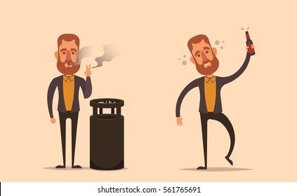 Funny Cartoon Character Smoking Cigarette And Drinking Beer. Bad Habits Concept. Vector Illustration