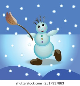 A funny cartoon character snowman dancing with a broom in the snow