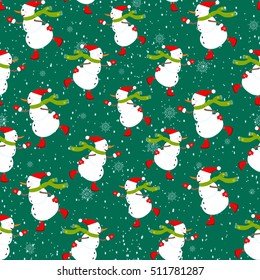 Funny cartoon character snowman ice skating seamless pattern. Aqua green background snowflakes snowfall. New Year and Christmas season concept vector design illustration.