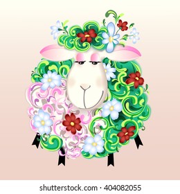 Funny cartoon character. Spring sheep in red and white flowers. Spring picture for children.