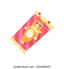 Funny cartoon character squirrel sunbathing on pink towel isolated on white background. Cute comic animal relaxing on beach vector illustration. Summer, holiday, wildlife concept