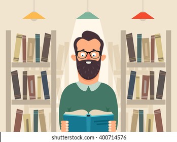 Funny Cartoon Character Standing in the Library and Reading a Book. Vector Illustration