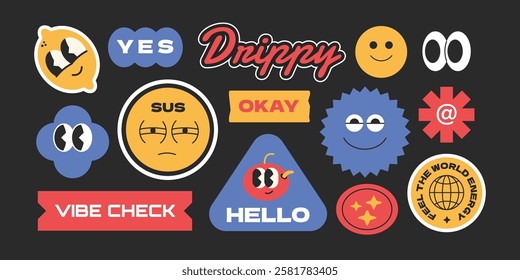 Funny cartoon character stickers, patch, label y2k style with gen z and millenials slang words