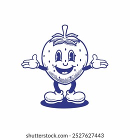 Funny cartoon character of strawberry. Fruits, groovy, retro, vintage, logo, mascot, vector, sticker, coloring book