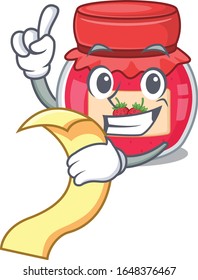 A funny cartoon character of strawberry jam holding a menu