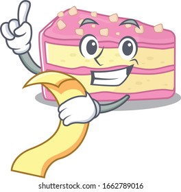 Un divertido personaje de caricatura de tarta de fresa sosteniendo un menú