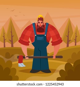 Funny Cartoon Character. Strong Lumberjack Holding Axe. Vector Illustration