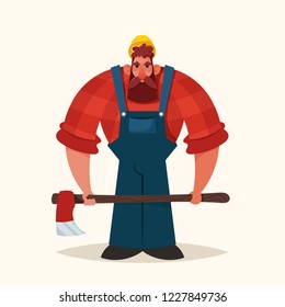 Funny Cartoon Character. Strong Lumberjack. Vector Illustration
