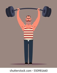 Funny Cartoon Character. Strong Man with Barbell. Vector Illustration