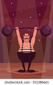 Funny Cartoon Character. Strong Man with Barbell. Circus Performance. Vector Illustration