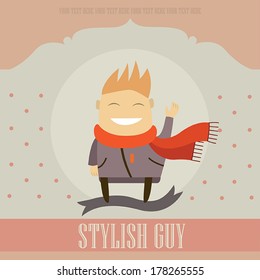 Funny cartoon character. Stylish guy on lovely background. Vector illustration.