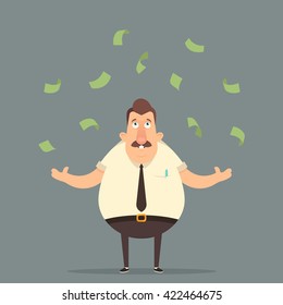 Funny Cartoon Character. Successful Office Worker Standing Under the Rain of Money. Vector Illustration