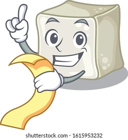 A funny cartoon character of sugar cube with a menu