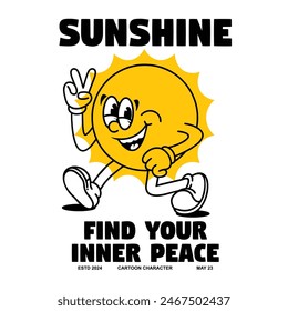 Funny cartoon character of sun Can be used as Sticker, posters, prints. Retro cartoon style. Vector illustration