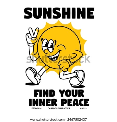 Funny cartoon character of sun Can be used as Sticker, posters, prints. Retro cartoon style. Vector illustration