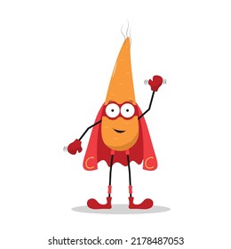 Funny cartoon character in superhero costume. Concept of healthy diet, natural vegetarian organic products. Cute food vegetable carrot in cloak of super hero and mask. Vector flat illustration.