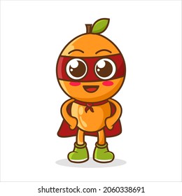 Funny cartoon character of superhero orange with red cape and mask in action 