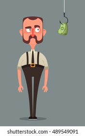 Funny Cartoon Character. Surprised Office Worker Looking at the Money on Hook. Vector Illustration