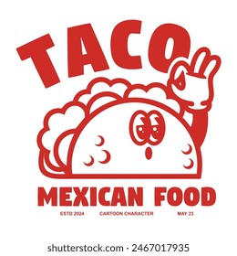 Funny cartoon character of taco mexican food. Can be used as Sticker, posters, prints. Retro cartoon style. Vector illustration