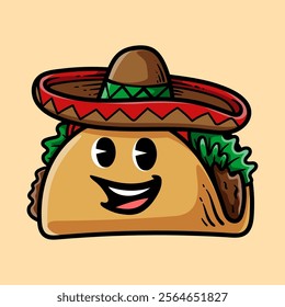 funny cartoon character of taco wear sombrero hat isolated colored drawing line art style sketch classic vintage design illustration