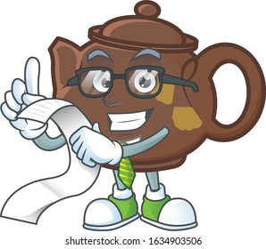 A funny cartoon character of teapot with a menu