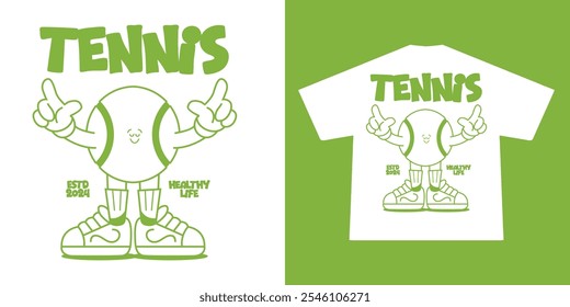 Funny cartoon character of tennis ball. Can be used as Sticker, posters, prints. Retro cartoon style. Vector illustration