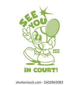 Funny cartoon character of tennis ball. Can be used as Sticker, posters, prints. Retro cartoon style. Vector illustration