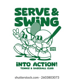  Funny cartoon character of tennis and baseball. Can be used as Sticker, posters, prints. Retro cartoon style. Vector illustration