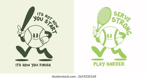 Funny cartoon character of tennis and baseball. Can be used as Sticker, posters, prints. Retro cartoon style. Vector illustration