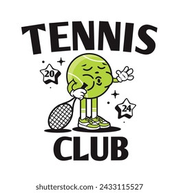 Funny cartoon character of tennis. Can be used as Sticker, posters, prints. Retro cartoon style. Vector illustration