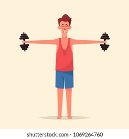 Funny Cartoon Character. Thin Man Doing Sport Exercises with Dumbbells. Vector Illustration