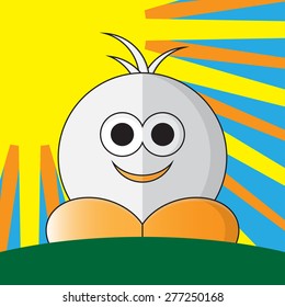 funny cartoon character with three hairs, orange shoes and sun