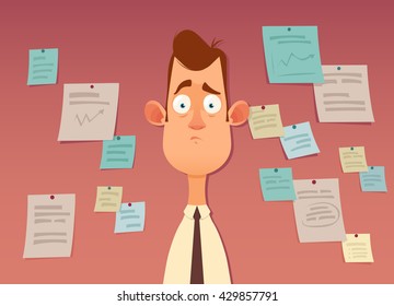 Funny Cartoon Character. Tired Office Worker. A Lot of Short Notes for Urgent Work on Background. Colorful Vector Illustration