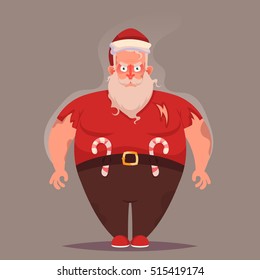 Funny Cartoon Character. Tired Santa Came Back After a Long Christmas Night. Vector Illustration
