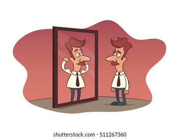 Funny Cartoon Character. Tired Worker Looking at the Mirror and Seeing Himself Happy and Strong. Vector Illustration