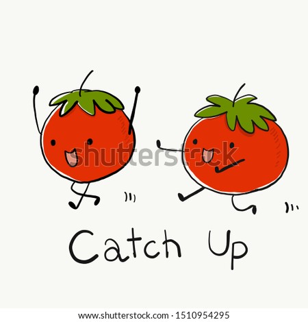 Funny cartoon character Tomatoes catch up/ketchup  for T-shirt graphic/sticker. Food joke.