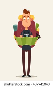 Funny Cartoon Character. Tourist Holding Map. A Lot of Objects in His Big Bag. Vector Illustration