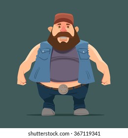 Funny Cartoon Character, Truck Driver With Beard In Trucker Cap, Vector Color Illustration