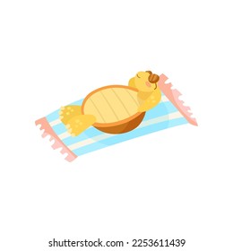 Funny cartoon character turtle sunbathing on towel isolated on white background. Cute comic animal relaxing on beach vector illustration. Summer, holiday, wildlife concept
