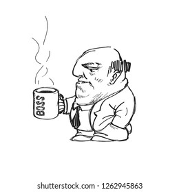 Funny Cartoon Character.   . Vector Illustration - Comic characters .Boss drinking coffee from a big cup.