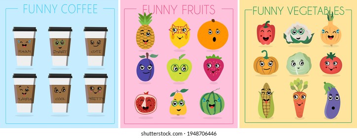 Funny cartoon character. Vector illustration. A set of flat vegetables, cups of coffee and fruits with cartoon faces. Funny characters from food. Different emotions laughter, embarrassment, surprise.