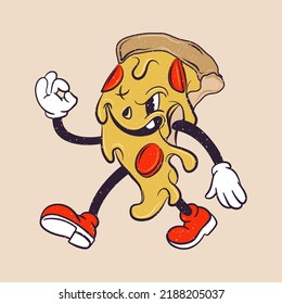 Funny cartoon character. Vector illustration of pizza. Comic element in trendy retro cartoon style.