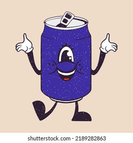 Funny cartoon character. Vector illustration of can of beer, soda. Comic element in trendy retro cartoon style.