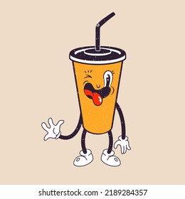 Funny cartoon character. Vector illustration of cup. Comic element in trendy retro cartoon style.