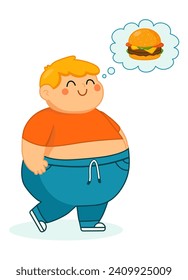 funny cartoon character.  Vector illustration. Cute Fat Boy. A fat boy who dreams of a sandwich. Isolated vector illustration on a white background