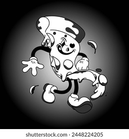 Funny cartoon character. Vector illustration of slice of pizza. Comic element in trendy retro cartoon style.