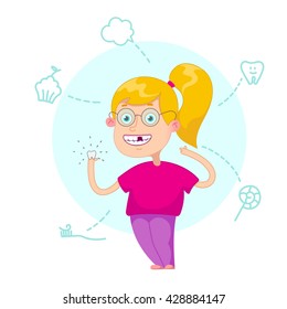 Funny cartoon character. Vector illustration.Dental children illustration. Girl lost a tooth. Pull teeth. Baby tooth.